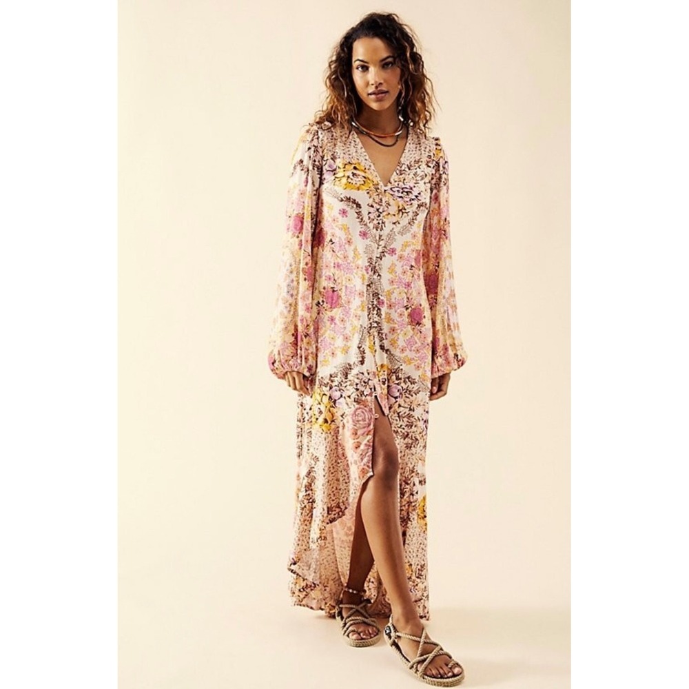 New Free People Marais Printed Midi Dress Size Small Beige